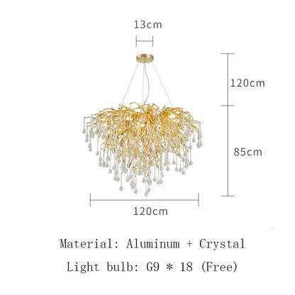 Modern golden branch crystal led ceiling chandelier with cascading crystal droplets by decorbites for living room decor