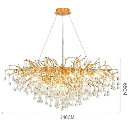 Modern golden branch crystal led ceiling chandelier with intricate arms and cascading clear crystal droplets for living room decorbites crystal led