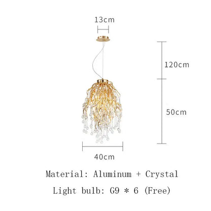 Modern golden branch crystal led ceiling chandelier in gold-toned aluminum with cascading decorbites crystal led design