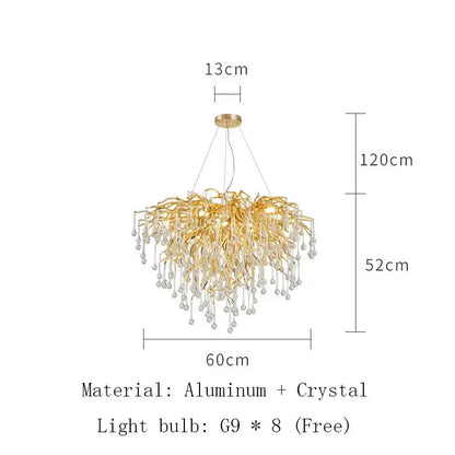 Modern golden branch crystal led ceiling chandelier with gold-toned aluminum arms and decorbites crystal led droplets