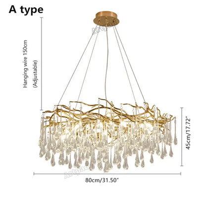 Modern golden branch led ceiling chandelier with gold-toned metal frame and dangling crystal teardrop pendants for decorbites golden branch lighting