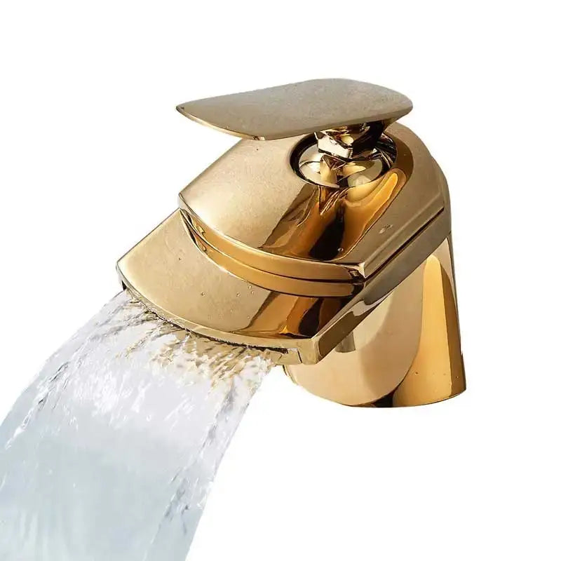 Modern golden brass waterfall vessel sink faucet with a sleek angular design and polished metallic finish for bathroom decorbites golden brass
