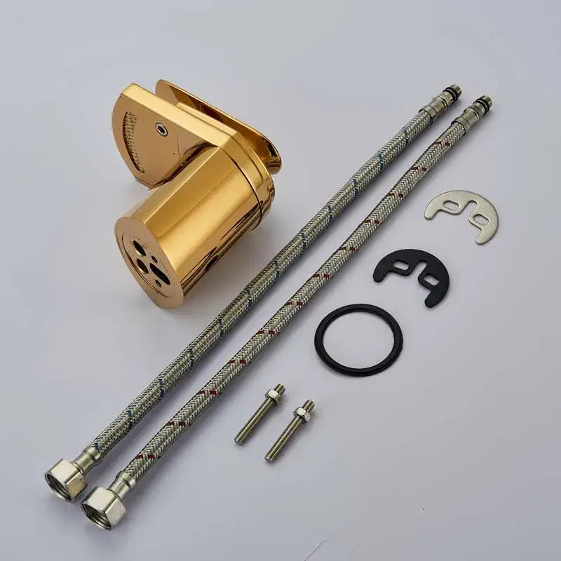 Modern golden brass waterfall vessel sink faucet with sleek design and metallic braided hoses for bathroom decorbites golden brass
