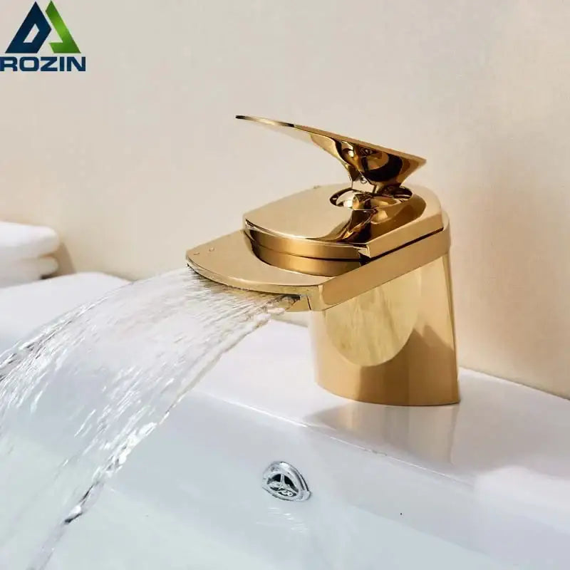 Modern golden brass waterfall vessel sink faucet with sleek design and polished brass waterfall for bathroom decorbites