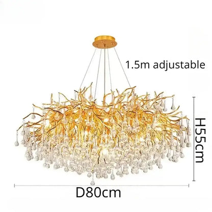 Modern decorbites golden chandelier with intricate branch arms and cascading clear crystal droplets for dining room decor