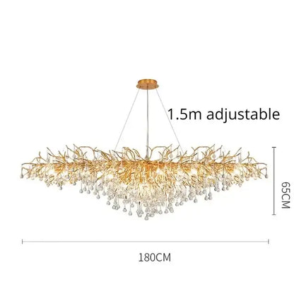 Modern decorbites golden chandelier with intricate branch metalwork and cascading clear crystal droplets for dining room decor