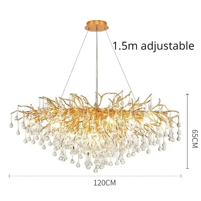 Modern decorbites golden chandelier with intricate branch arms and crystal droplets for dining room decor
