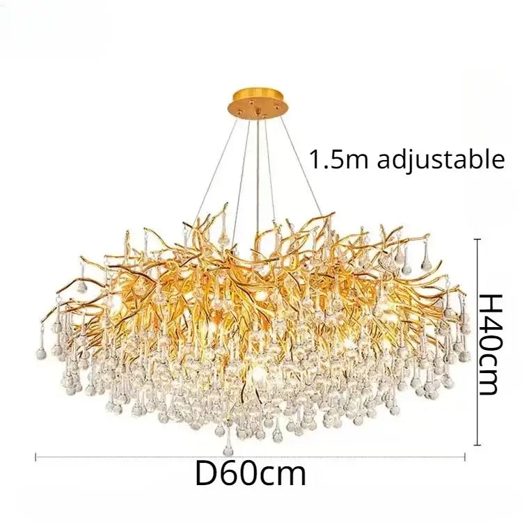 Modern decorbites golden chandelier with intricate branch arms and cascading clear crystals for dining room decor