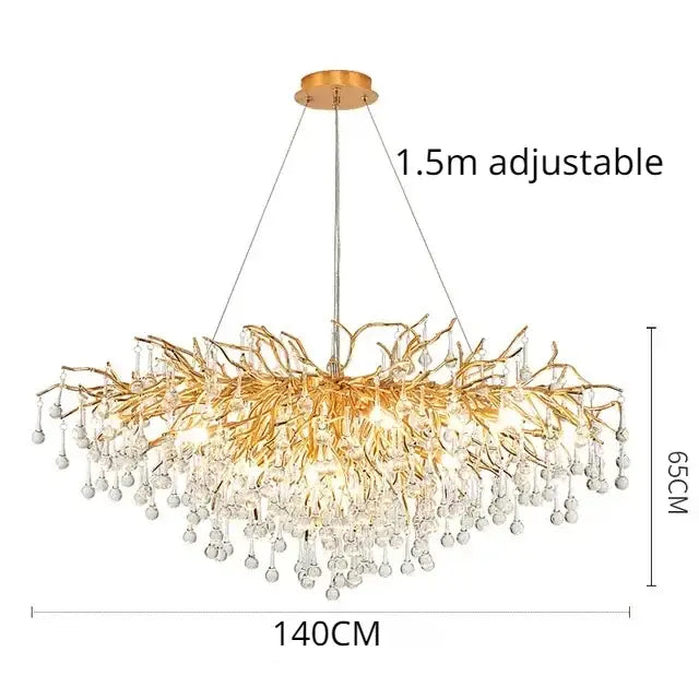 Modern decorbites golden chandelier with intricate branch-like arms and cascading clear crystals for dining room decor