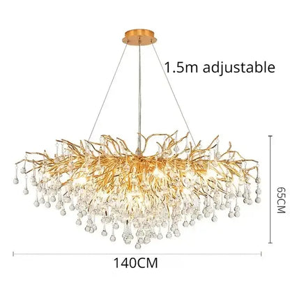 Modern decorbites golden chandelier with intricate branch-like arms and cascading clear crystals for dining room decor