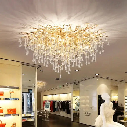 Modern golden chandelier branch crystal lamp with clear droplets for dining room decorbites golden chandelier