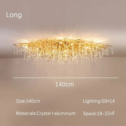 Modern golden chandelier branch crystal lamp with dangling crystal droplets crafted from crystal and aluminum for dining room decorbites golden chandelier