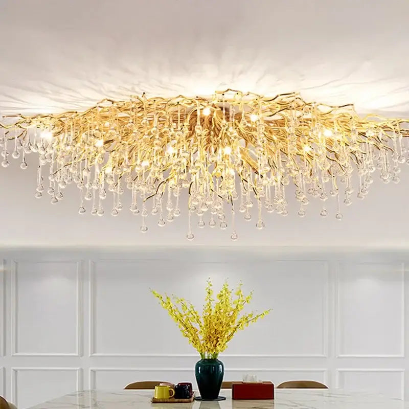 Modern decorbites golden chandelier branch style with dangling crystal droplets for dining room decor