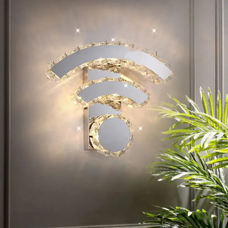 Modern golden chrome crystal led wall sconce with decorbites chrome crystal encrusted illuminated wi-fi symbol design