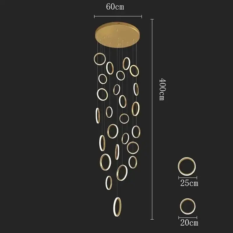 DecorBites™ gold-toned led pendant lights with cascading circular rings for modern living and dining room decor