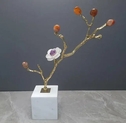 Modern golden crystal flower tree sculpture with amber gemstone buds and white flower on marble base for living room decorbites decor