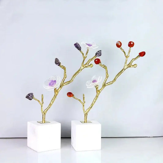 Modern golden crystal flower tree sculpture with translucent white flowers and gemstone accents on white marble base decorbites crystal flower decor