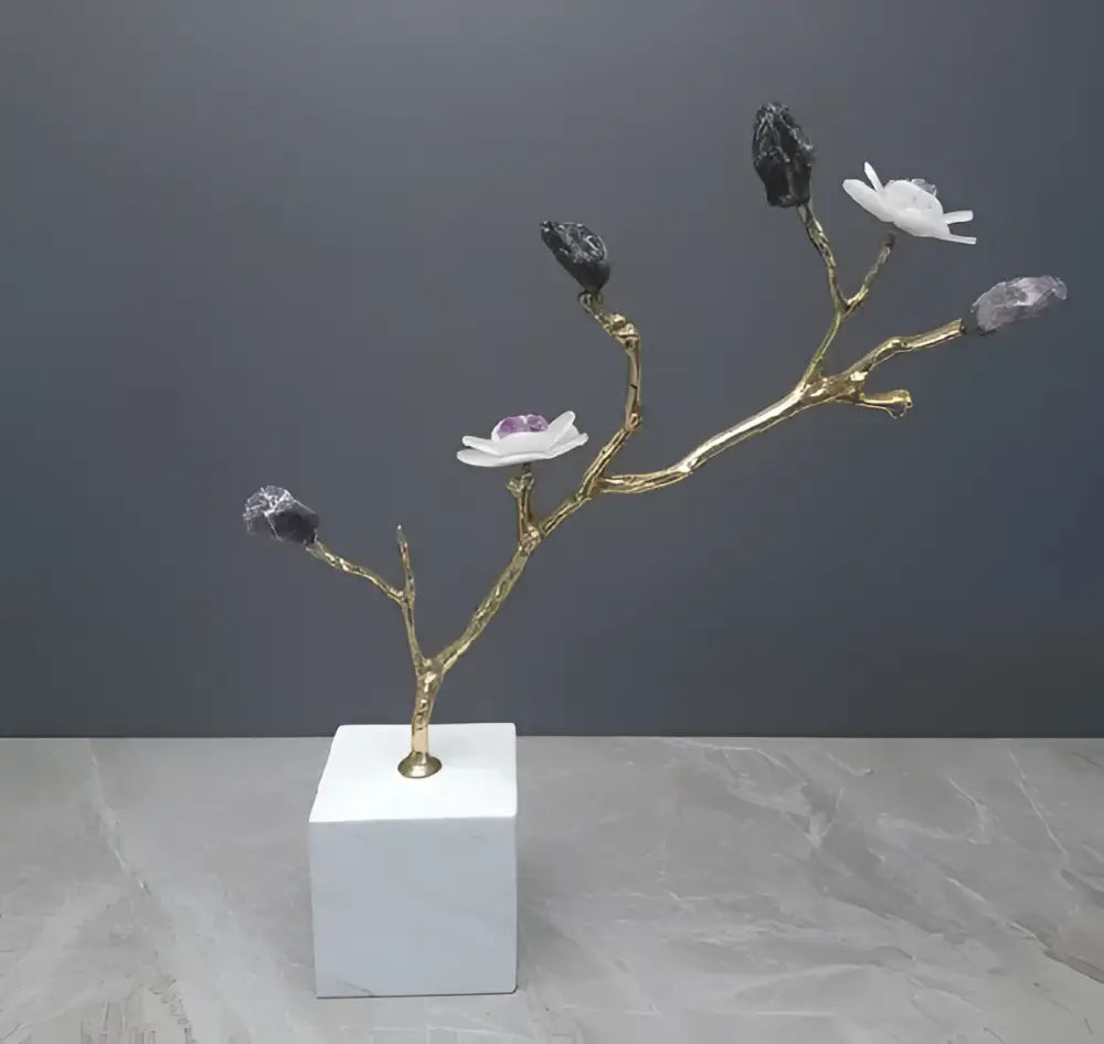 Modern golden crystal flower tree sculpture with white and purple amethyst flowers on white marble base decorbites decor