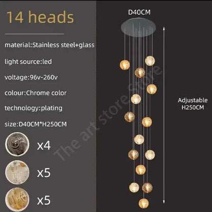 Modern golden crystal glass spiral ceiling chandelier with chrome-plated stainless steel and 14 spherical lights decorbites crystal glass design