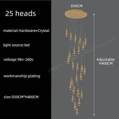Modern golden decorbites crystal pendant chandelier with 25 teardrop-shaped light heads for living room decor