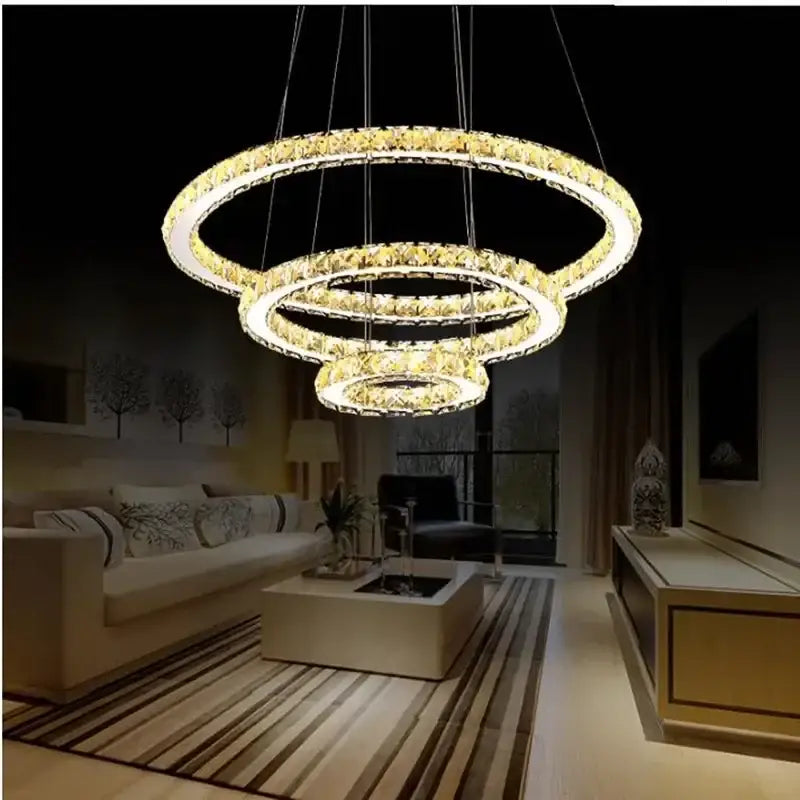 Modern golden crystal ring ceiling chandelier with three concentric rings ideal for dining room decorbites crystal ring