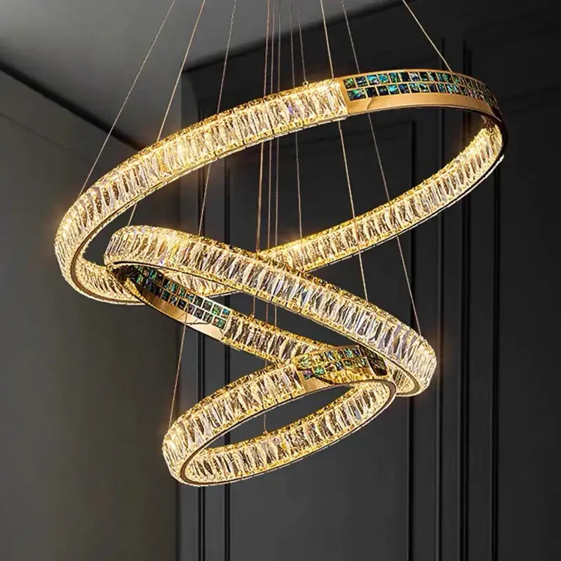 Modern golden crystal ring ceiling chandelier with embedded crystal accents and elegant golden spiral design for dining room decorbites crystal ring