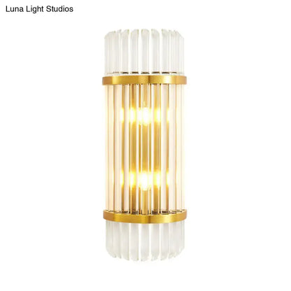 Elegant modern golden crystal shade wall sconce with clear glass rods and gold-toned metal bands for bedroom use