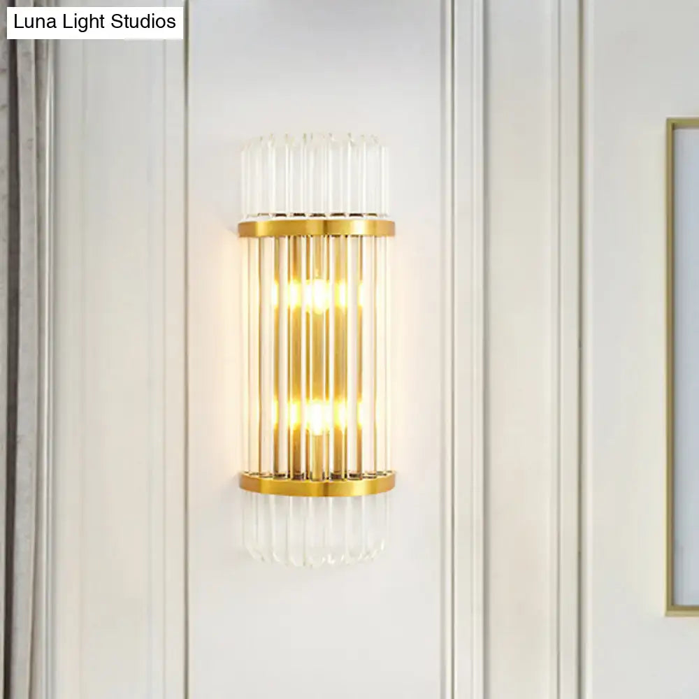 Modern golden wall sconce with vertical glass rods and crystal shade for bedroom wall lamp lighting