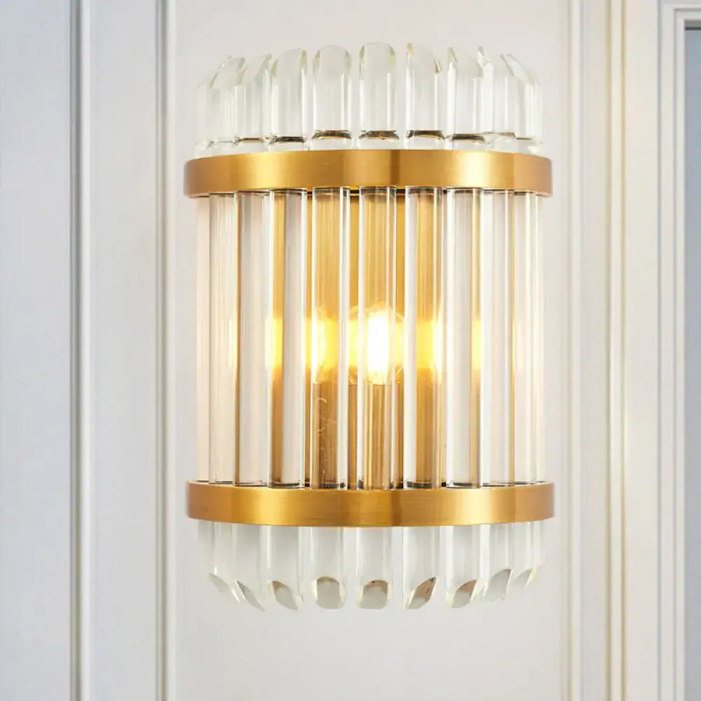 Modern golden crystal shade wall sconce with clear crystal rods and fluted glass accents for bedroom wall lamp