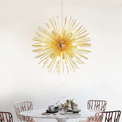 Modern golden dandelion ball chandelier with slender metallic rods radiating from central hub for bedroom decorbites dandelion ball