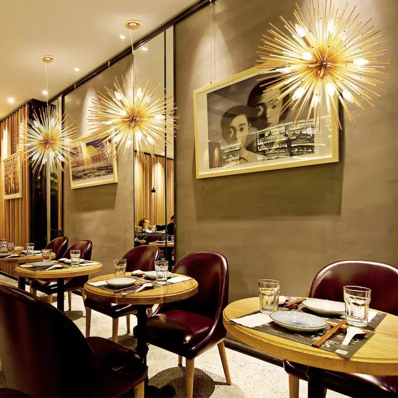 Modern golden dandelion ball chandelier with intricate metallic arms radiating light for bedroom decorbites dandelion ball