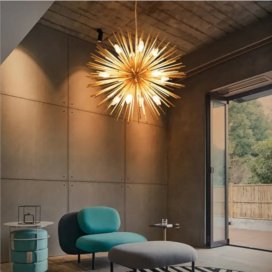 Modern golden dandelion ball chandelier with multiple exposed bulbs and slender metallic arms for bedroom decorbites dandelion ball