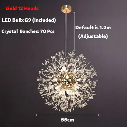 Modern golden dandelion spark led chandelier with 12 led bulbs and 70 crystal branches for elegant living room decorbites dandelion spark