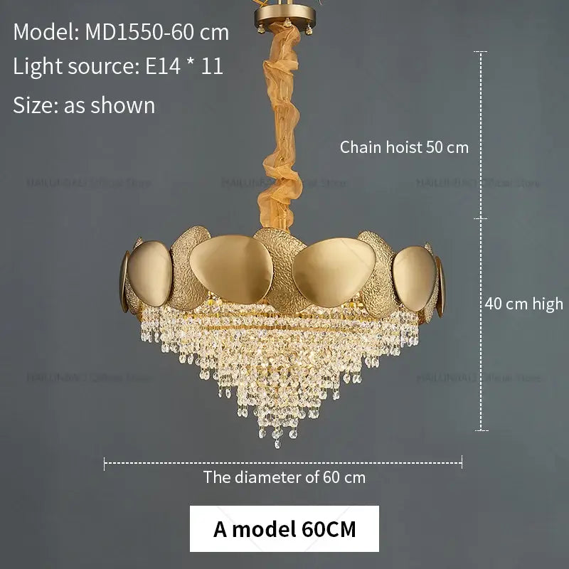 Modern golden decorbites crystal chandelier featuring a gold-toned shell-like structure with cascading crystal droplets for living room