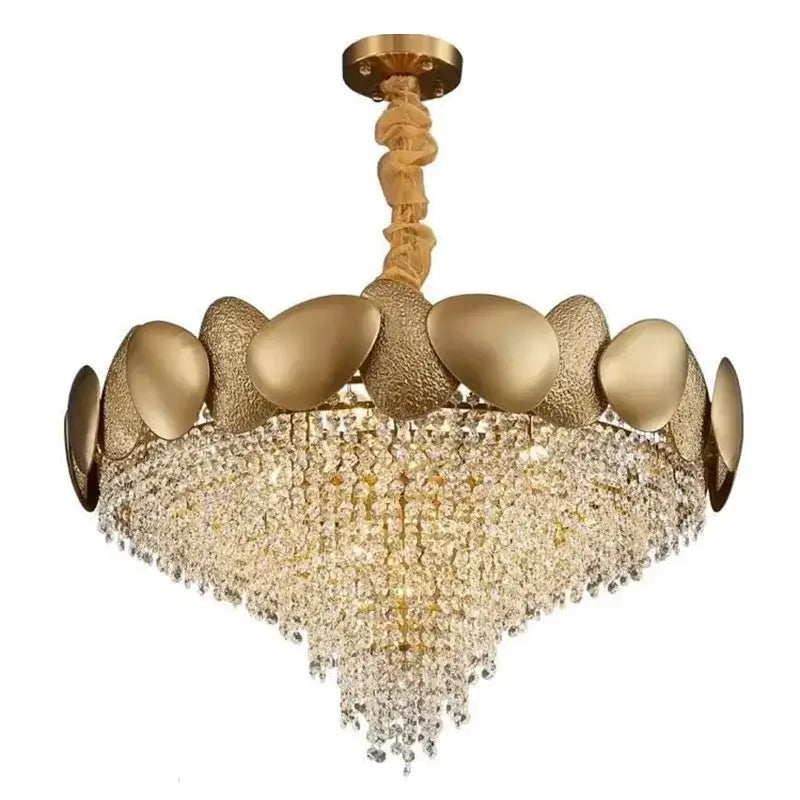 Modern golden decorbites crystal chandelier with textured sculptural frame and cascading crystal droplets for living room