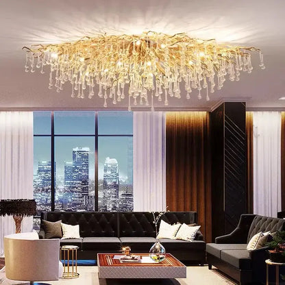 Modern golden decorbites crystal dendritic chandelier featuring branch-shaped design with crystal droplets for dining room use
