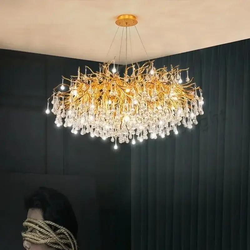 Modern golden decorbites crystal dendritic chandelier with cascading clear crystal droplets for dining room lighting