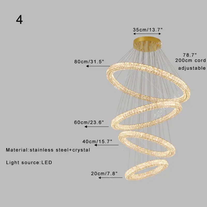 A modern golden decorbites crystal ring chandelier with spiral stainless steel rings and warm led glow for living room
