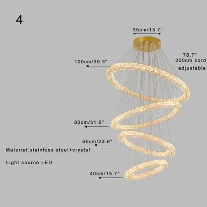 Modern golden decorbites crystal ring chandelier featuring gold-toned spiral with crystal-encrusted rings and led lighting