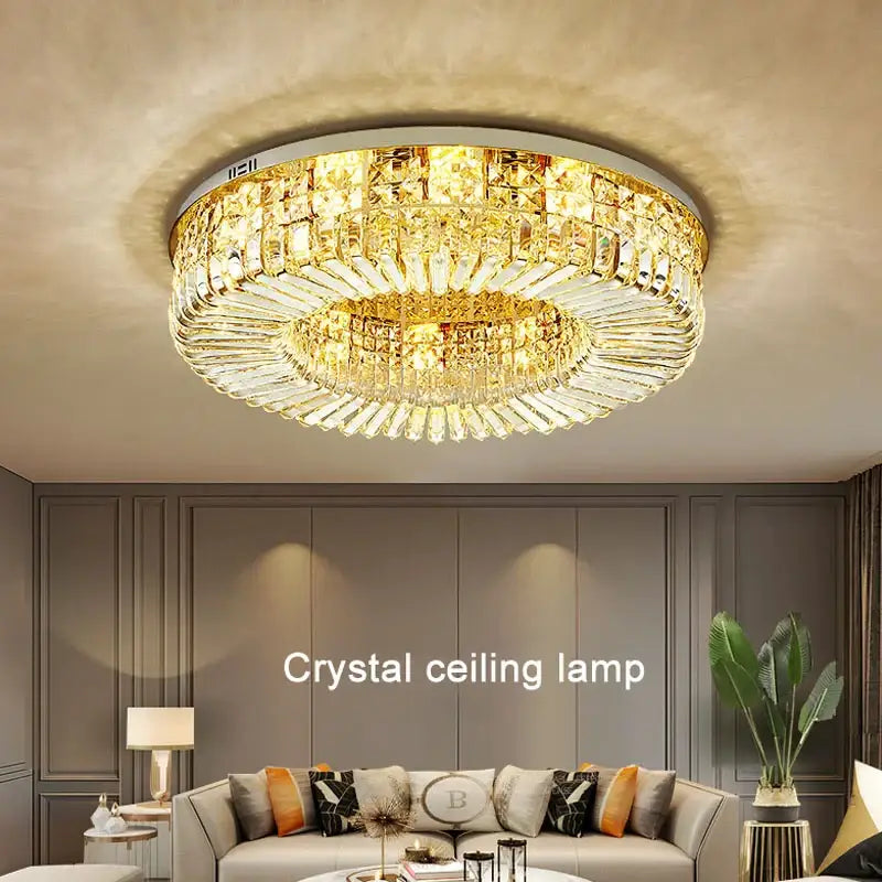 Gold-toned decorbites crystal ring led ceiling lamp with clear and amber crystals in a modern multi-tiered design