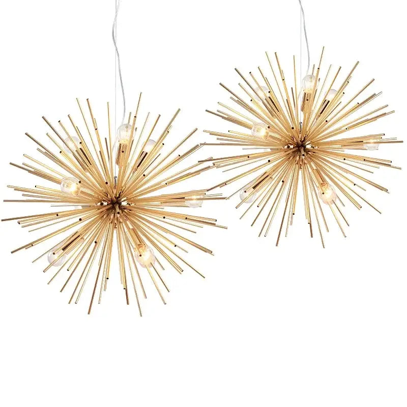 Modern golden decorbites geometric starburst chandelier with gold-toned spherical frame and clear embedded bulbs for dining room light