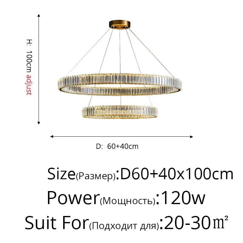 Modern golden double ring decorbites crystal led chandelier with adjustable height and crystal-encrusted rings for dining room