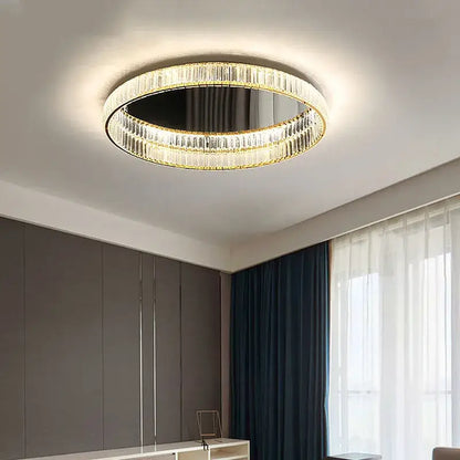 Modern golden double ring decorbites crystal led ceiling chandelier with faceted crystal and gold-toned trim emits warm glow