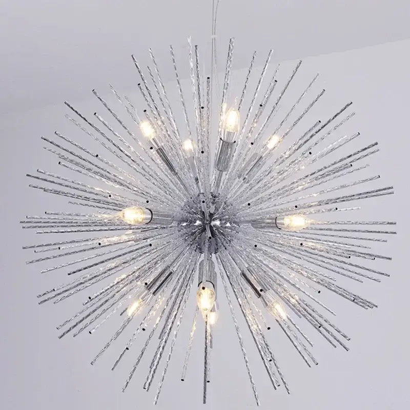 Modern golden geometric ball chandelier with silver spiky starburst design and textured glass rods for dining room lighting