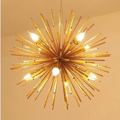 Modern golden geometric ball chandelier with starburst design and exposed bulbs for dining room lighting decorbites geometric ball
