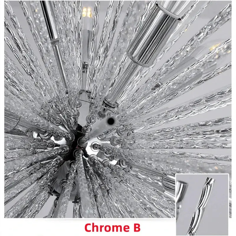 Chrome-finished modern golden geometric ball chandelier with twisted glass rods and metallic accents for dining room lighting
