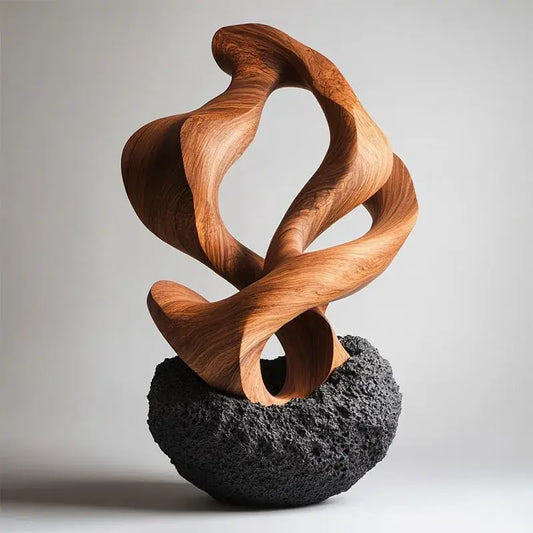 Modern golden geometric resin sculpture with intertwined warm wooden curves on volcanic rock base for home decor