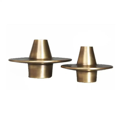 Pair of brass candle holders with conical tops and flat bases for decorbites golden geometry metal handicraft decor