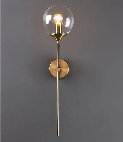 Brass-finished wall sconce with clear glass globe and exposed bulb in decorbites golden glass ball living room lighting