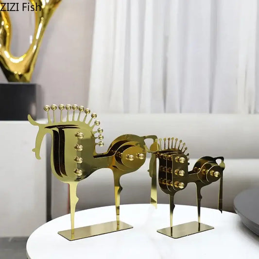 Modern golden horse metal sculpture with sleek design and spherical accents for living room decorbites golden horse decor
